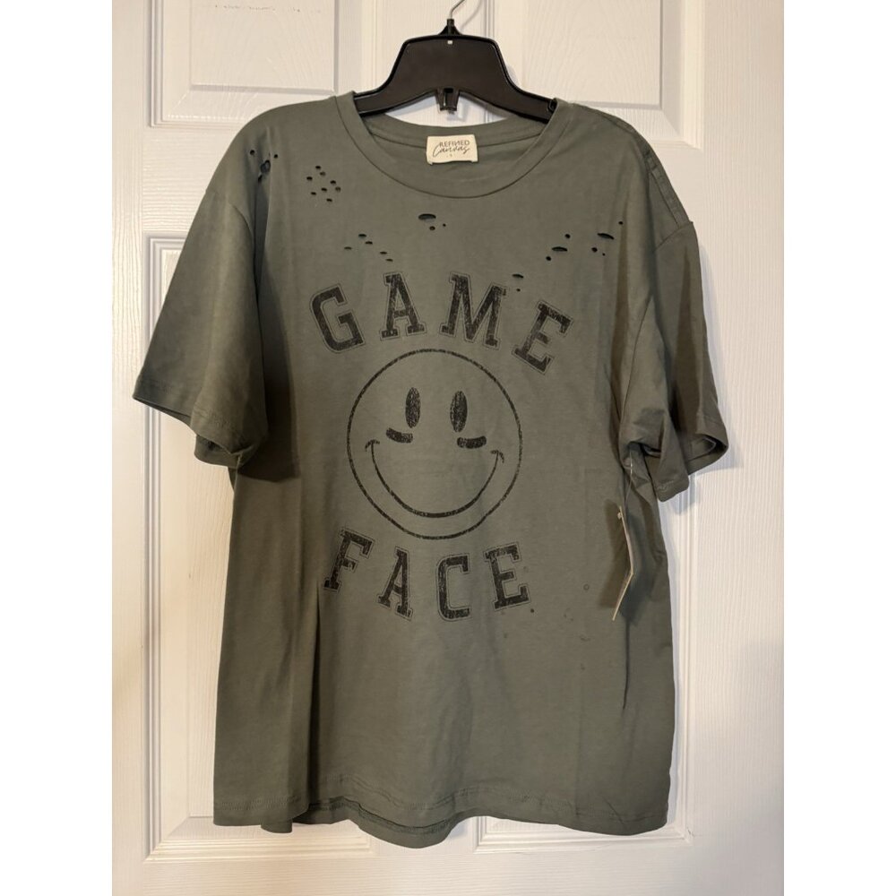 Refined Canvas S Small Olive Green Distressed Graphic Short Sleeve Tee T NEW